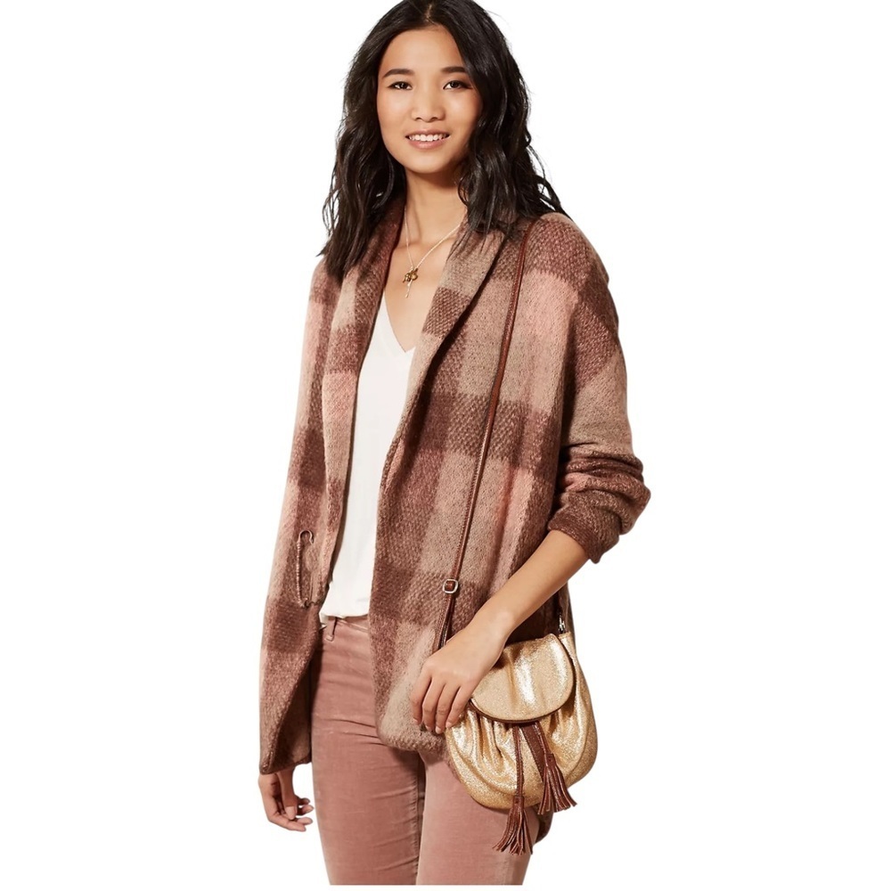 Anthropologie Moth Woodland Plaid Mohair Sweater Coat Open Front Layering